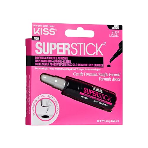 KISS Super Stick Wimpernkleber, Cluster Kleber, sanfte Formel, 7 Tage Halt, Kaktus- & Hamamelis-Extrakt, dermatologisch getestet, wasserfester, Schwarz