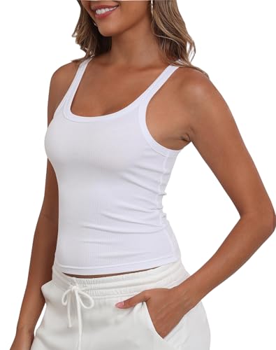 GEMBERA Womens Scoop Neck Soft Lightweight Ribbed Knit Modal Sleeveless Fitted Basic Cropped Tank Top Shirts
