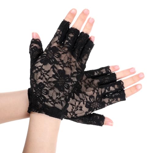 Qulkws Women Short Lace Gloves, Sunblock Fingerless Bridal Wrist Glove, Short Black Lace Gloves Fingerless for Wedding, Tea Party, Cosplay, Costume, Opera Evening Prom