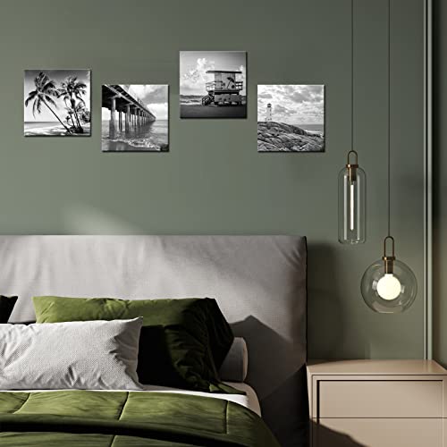 Biuteawal- 4 Piece Wall Art Back White Beach Picture Canvas Print Florida Coastline Lighthouse Lifeguard Tower Pier Poster Print Streched Framed Artwork Living Room Bedroom Bathroom Deco #TOP3
