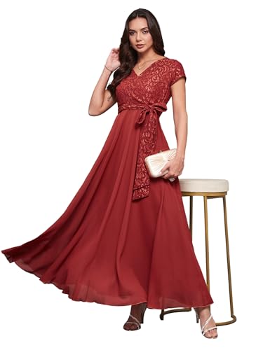Image of Miss Chase Women's Round Neck Cap Sleeves Lace Knee -Long Skater Dress