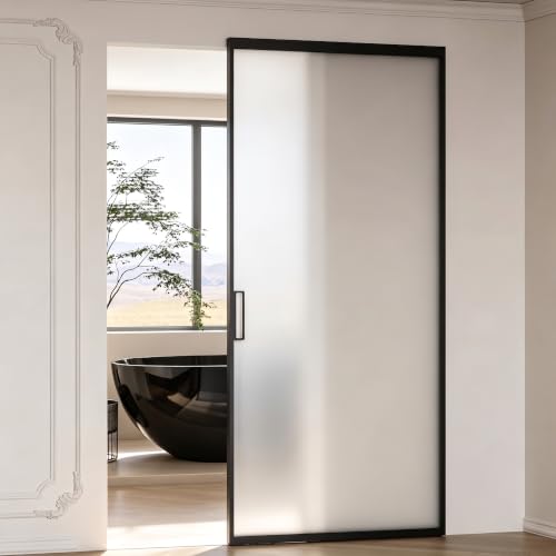 Image of Opening Size Fits 30 inch-36 inch W x 75 inch-85 inch H Concealed Sliding Barn Door, Frosted Glass, Waterproof Modern Sliding Door for Bathroom /Kitchen Privacy, 5 /16 inch(8mm) Tempered Glass, with Soft Close