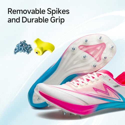 Track and Field Shoes Men Women Kids Spikes Sneakers Full-Length Carbon Plate Track Race Jumping Sneakers Girls Professional Running Tarck Spikes Shoes Boys (White/Pink/Blue, Adult, Men, 2, Numeric, US Footwear Size System, Medium) by Sonic Cat - Used condition - Image 3