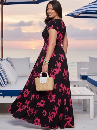Image of KOH KOH Womens Short Cap Sleeve Summer Floral Print Long Casual Maxi Dress