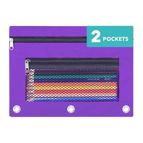 Image of Pencil Pouch for 3 Ring Binder - 3 Hole Zipper Pen Case Bag Holder Bulk Accessories Clear Window Aesthetic Organizer Pockets