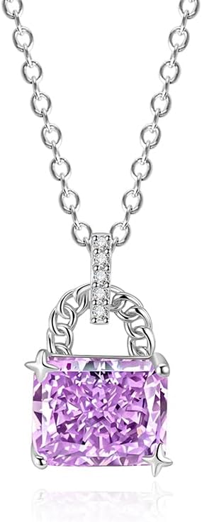 Purple Cubic Zirconia Necklace with Ice Snowflake Cut for Women, Dainty Solitaire Pendant Hypoallergenic Gift for Her, Stainless Steel 18"+2" Chain