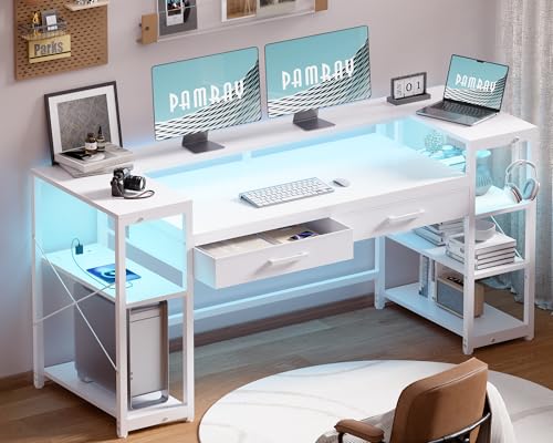 Image of Pamray 58 Inch Computer Desk with Monitor Stand and Shelves Gaming Desk with LED Lights & Power Outlets PC Vanity Table with 2 Drawers for Home Office White