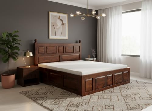 Image of Sheesham Wood King Size Bed with Storage Box | Wooden Box Bed King Size Double Cot Bed with Storage for Bedroom | Premium Lattu Design Headboard Bed for Hotel, Home | Dark Red Mogin