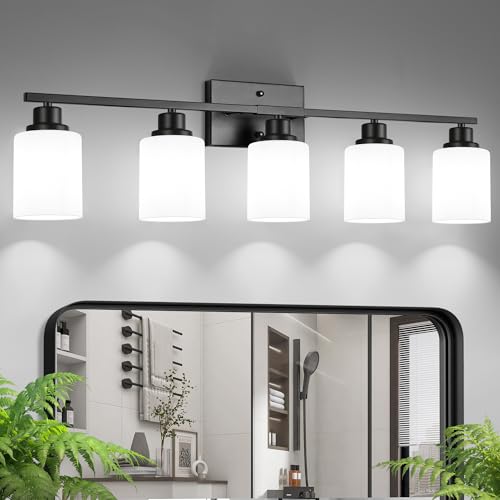 Ascher Bathroom Light Fixtures 5-Light Vanity Light Over Mirror Matte Black Wall Sconces with Milky White Frosted Glass Shades Wall Lamp for Living Room Bedroom E26 Base(Bulbs Not Included)