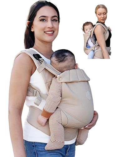 Grownsy Babytrage, Ein-Klick-Schnalle für Einfaches Anlegen, Bequemer Träger von Neugeborenem bis Kleinkind mit Kopfstütze (3-20kg), Ergonomisch & Leicht (Khaki)