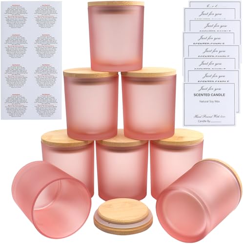 LHNNDM 8 Pace 10 oz Frosted Glass Candle Jars with Bamboo Lids- Bulk Empty Jars 315ml for Making Candles - Spice Powder Containers - Dishwasher Safe (Frosted Pink Candle Glass Cup)