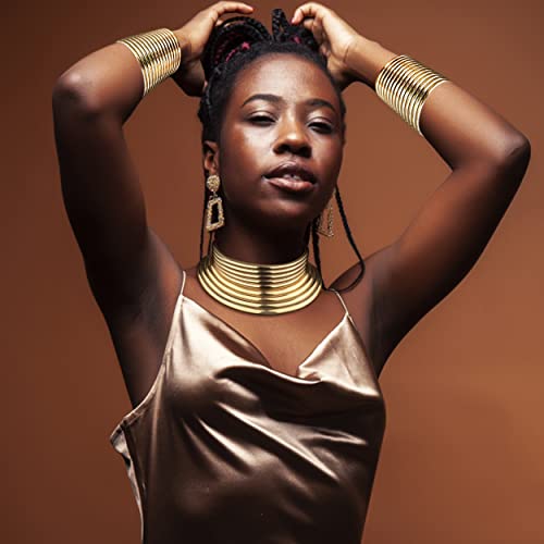 YADOCA 6Pcs African National Jewelry for Women Egypt Gold Choker Collars African Vintage Statement Choker Necklaces Wide Leather Bangle Bracelet Nose Rings Hoop Chain Earrings Sets4