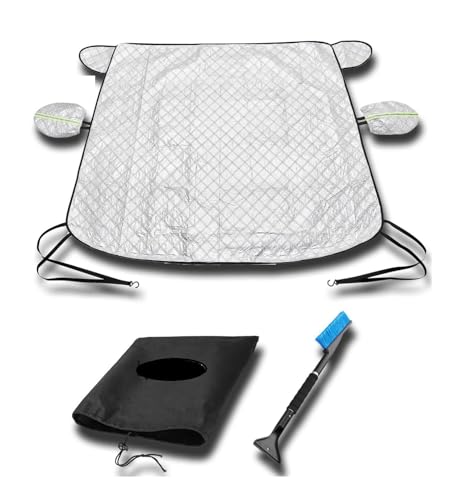 Image of Silver Black Windshield Car Glass Cover for Winter Storm Ice and Snowfall,Waterproof Fabric for Harshest Snow Freeze Weather, Extended Cover for Side Mirrors and Snow /Ice Brush Scrapper