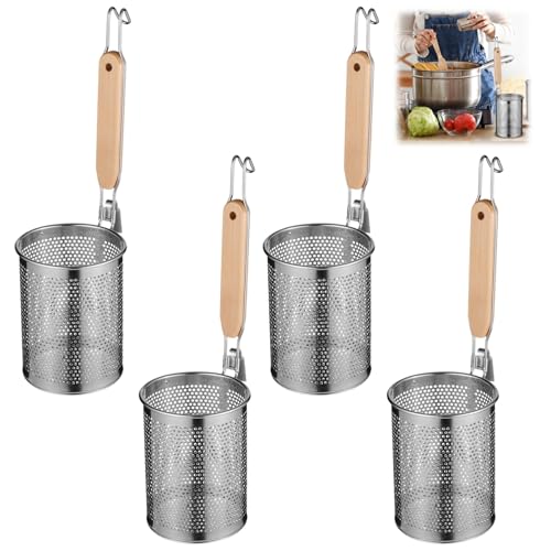 Stainless Steel Pasta Strainer, 4 Pcs Noodle Dumpling Strainers, Blanching Baskets with Wood Handle, Mesh Spider Strainer for Pasta, Noodle, Dumpling (4.6"D x 5.9"H)