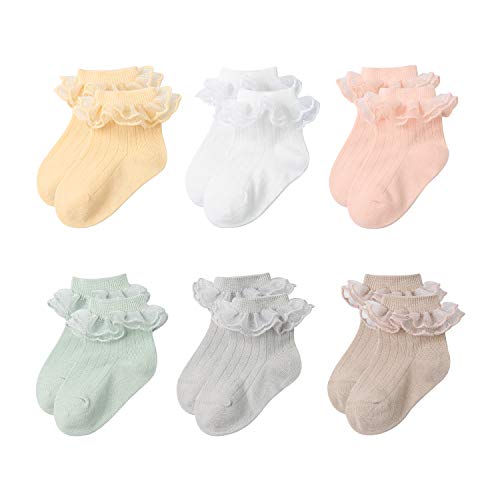 Image of VINIKNIKA 6 Pairs Baby Girls Socks Newborn Ruffle Lace Socks Princess Frilly Knit Cotton Socks
