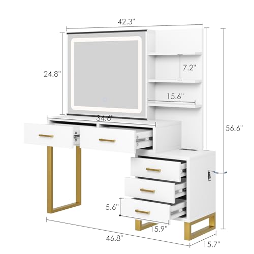 Garvee 46.8'' Vanity Desk with Mirror, LED Lights and Power Outlet, Makeup Vanity Table with 5 Drawers and 3 Storage Shelves, Dressing Table with Black Handle for Bedroom, Dressing Room (Black)