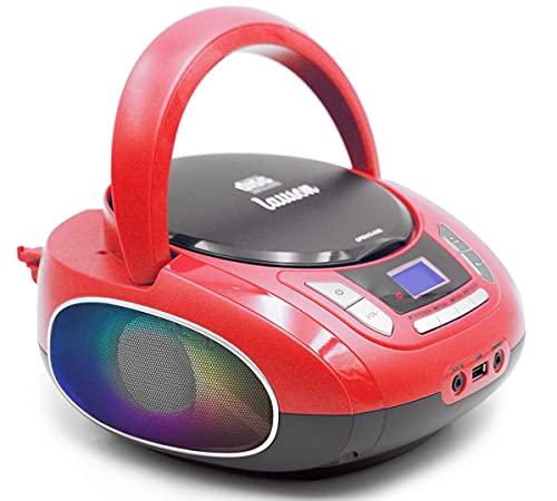 Lauson NXT962 Reproductor CD Portátil Luces LED Multicolor y Radio FM Digital y Pantalla LCD | Lector USB para Reproducir Música MP3 | CD Player con Salida de Auriculares y Altavoces (Rojo)