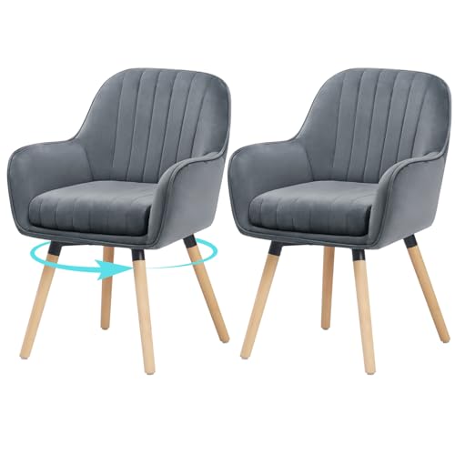 ELUCHANG Chaises de Salle à Manger Lot de 2, 360° Pivotable, 10cm Coussin pour Fauteuils avec Accoudoirs Hauts, Gris Velours, Charge 150KG, Chaises pour...