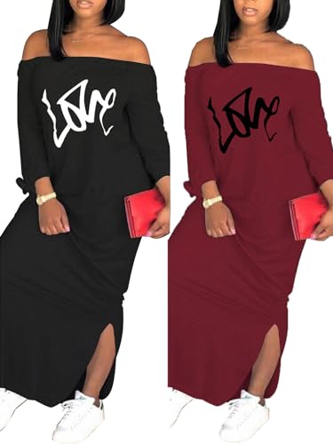 Image of Women's Casual Off Shoulder Maxi Dress - African Print Summer Loose Long Sleeve Tunic T Shirt Dresses with Pockets