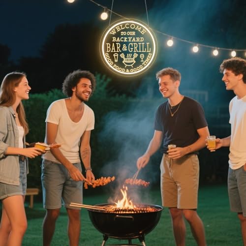 Image of Bar and Grill Neon Sign,WELCOM TO OUR BAR&GRILL ,Bar & Grill Sign, Backyard Patio Wall Art,Bar Sign,Grill Sign Backyard Sign BBQ Grilling Light Up Sign for Backyard,Garden Yard,Patio Decor, Housewarming Gift(Dimmable)