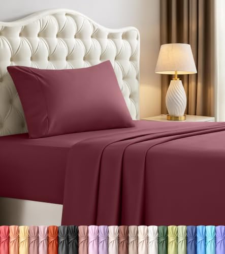 Image of Utopia Bedding Twin Sheet Set - 3 Piece Bed Sheets for Twin Size Bed, Soft and Breathable Microfiber, Includes 1 Fitted Sheet, 1 Flat Sheet and 1 Pillowcase - Oeko Tex (Burgundy)