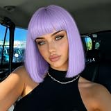 SUKRI Light Purple Bob Wig with Bangs Straight Bob Wigs for Women Lavender Purple Short Bob Wigs 12Inch Synthetic Wig Colorful Hair for Daily Use Daily Party Cosplay