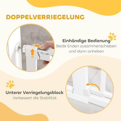PawHut Türschutzgitter Treppenschutzgitter Hunde Absperrgitter Schutzgitter für Haustier Hundegitter Klemmbefestigung Metall ABS Weiß 75-131 x 76 cm