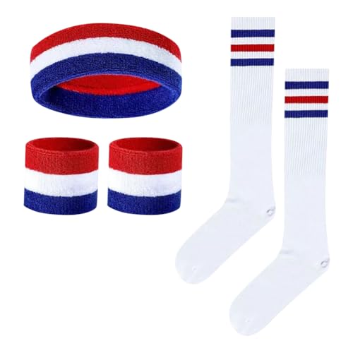 Lot de 5 Bandeaux à Rayures pour Sport, Bandeaux, Chaussettes Montantes au Genou, Chaussettes tubulaires au Poignet, Bandes de Sueur, Costumes de fête sur Le thème des années 80, Rouge, Blanc,