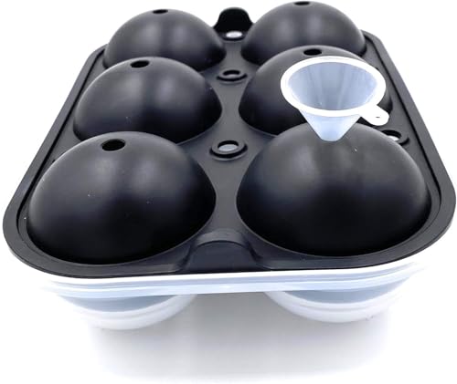 Image of Premium Imported Ice Ball Maker | Silicone 6 Cavity Easy Release 6Cm Round Whiskey Mould with Lid & Funnel for Cocktail & Bourbon - (Color-Black, Weight-300Grams) (Black, Standard, Round)