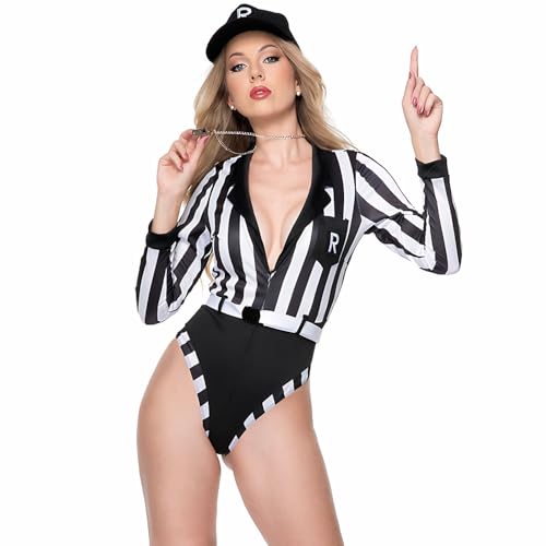 ThreeH Sexy Damen-Bodysuit mit langen Ärmeln, Schiedsrichterkostüm mit Kapuze, Gürtel und Pfeife, Cheerleader-Outfit