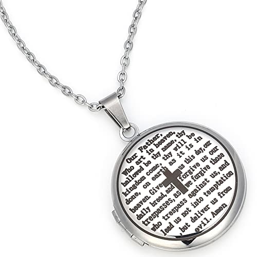 Cross Religious Bible Locket, That Can Holds Pictures, Engraved English Bible Lords Prayer Prayer, Prayer Cross Necklace3