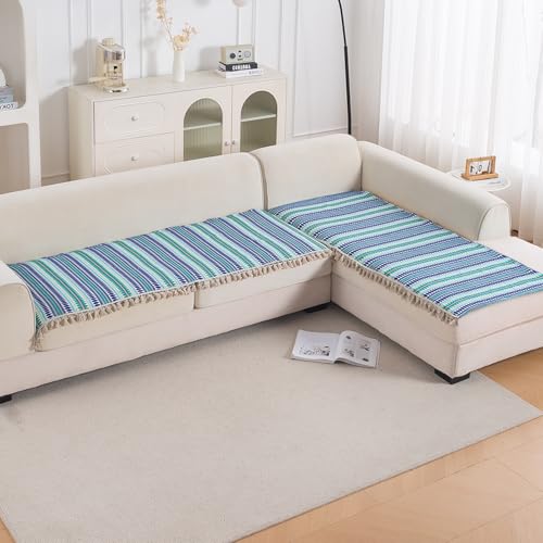 Image of HOKIPO 'Artisan Boho Series' L Shape (3+2 Seater) Sofa Cover Seat Mat | 450 GSM Cotton Acrylic Jacquard Fabric with Tassel, Royal Blue (IN-904+903-A2)