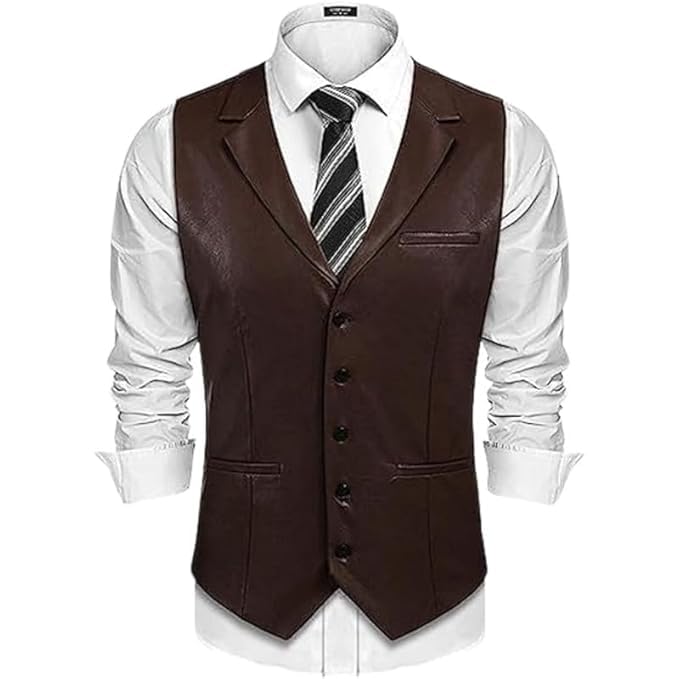 SHIFA LEATHER Men's Classic Formal BROWN Leather Vest, V-Neck, 5-Button Front, Adjustable Back Strap, Regular Fit-picture-55
