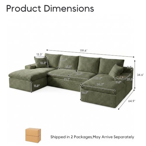 Image of 120 inch Modular Sectional Sofa, U-Shape Boneless Couch, Green