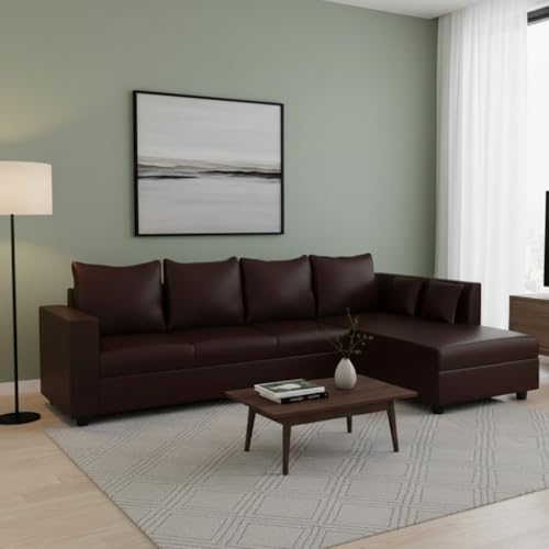 Image of FURNY Harloy 5 Seater RHS L Shape Leatherette Sofa Set (Brown) in Premium Finish | Durable Comfort | Ideal for Living Room
