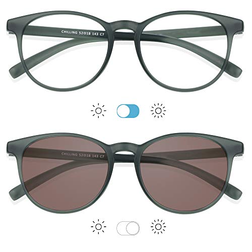 Image of YEIN Blue Light Blocking Glasses, Spring Hinge Photochromic Brown Sunglasses, Computer Reading Glasses, Gaming Glasses, TV Glasses for Women Men(Matte Gray,+1.75 Magnification)
