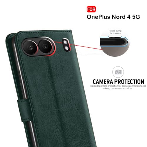 Image of TheGiftKart Genuine Leather Finish Flip Back Cover Case for OnePlus Nord 4 5G | Inbuilt Pockets & Stand | Wallet Style | Designer Button | Flip Cover Back Case for OnePlus Nord 4 (Faux Leather, Green)