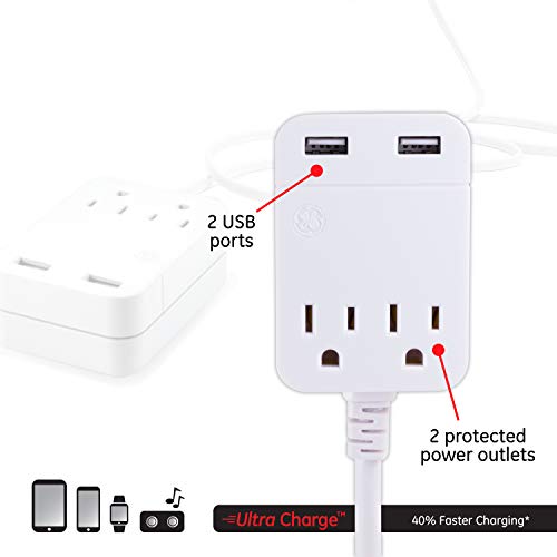 Ge Pro Surge Protector Power Strip With Usb Fast Charging, Extra Long 8Ft Extension Cord, Flat Plug, 2 Outlet, 2 Usb Ports, 2.4A, Wall Mount, Desktop Charging Station, 250J, Ul Listed, White, 32177 #TOP1
