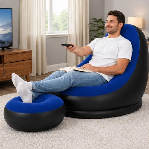 Image of Inflatable Lounge Chair for Adults with Ottoman, Foldable Air Sofa Couch, Portable Blow Up Chair for Living Room Bedroom, Comfortable Indoor Seating, 150 kg Capacity (Blue)