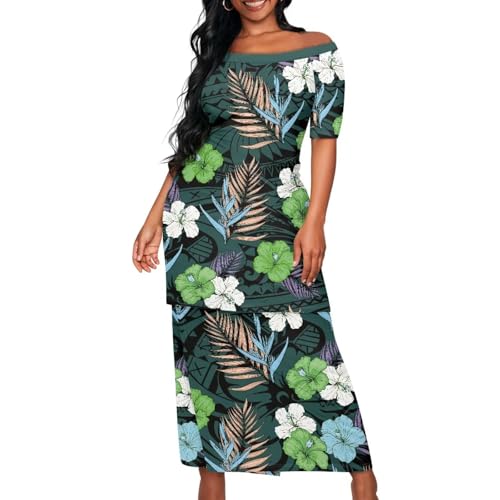 Yuosegray Green Leaf Hawaiian Dresses for Women Loose Fit Havana Nights Dresses for Women Fashion Polynesian Dress for Women Women's Tropical Dresses Off The Shoulder Dress (XL)