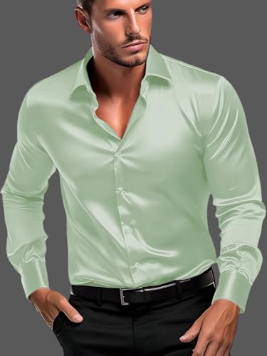 Image of IndoPrimo Men's Satin Shirt with Spread Collar Neck Line Solid Pattern Full Sleeves Regular Fit Western Style and Standard Length
