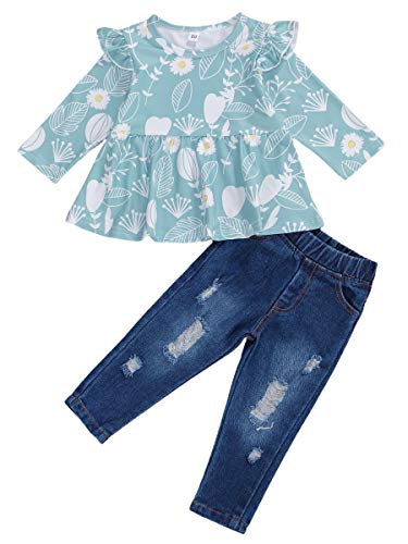 Toddler Baby Girl Clothes Fall Set Flared Sleeve Ruffle T-Shirt Tops Denim Pants Ripped Jeans 2PCS Outfits Set (Leaf Outfit, 12-18 Months)