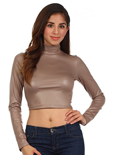 Image of Sakkas Matte Liquid Mock Neck Turtleneck Long Sleeve Crop Top - Made in USA