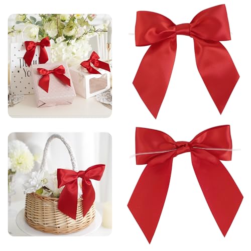 AIMUDI Red Satin Bows 5.5 Bow for Gift Wrapping Satin Twist Tie Bows Premade Ribbon Bow for Treat Bags Invitations Baskets Wreaths Crafts Wedding Birthday Party Mothers Day Decorations 24 PCs