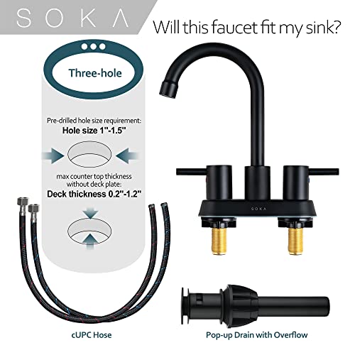Soka Commercial Bathroom Faucet 3 Hole Bathroom Sink Faucet With Pop-Up Drain Deck Plate For 3 Hole, 2 Handles 4 Inch Sink Lavatory Faucets With 360° Swivel #TOP4