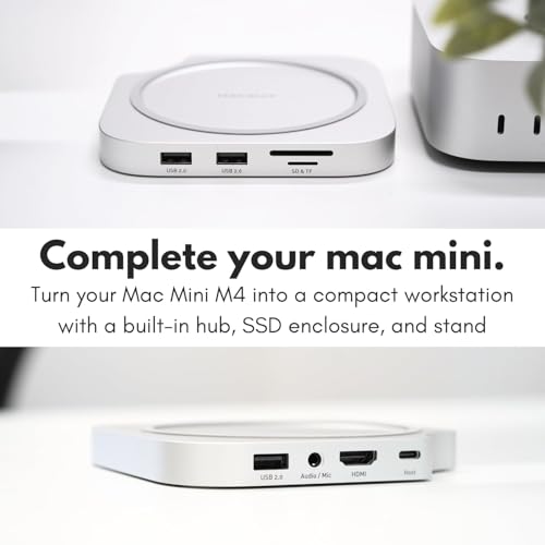 Image of Macally Mac mini M4 Dock and Stand, Mac mini M4 Hub with M.2 NVMe Enclosure, 4K HDMI 60hz, 3 USB A,10Gbps USB C Data Port, SD Card Reader, 3.5mm Audio Jack