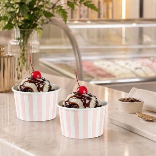 Image of Coppetta 5-Ounce Dessert Cups, 50 Disposable Ice Cream Cups - Lids Sold Separately, Striped, Pink And White Paper FroYo Bowls, For Hot And Cold Foods, Perfect For Gelato Or Mousse - Restaurantware