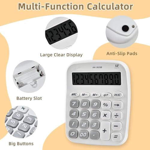 Image of Desktop Calculator with Big Easy-Press Buttons, 12 Digit Large Display Adding Machine for Office Desk & Home Use, White