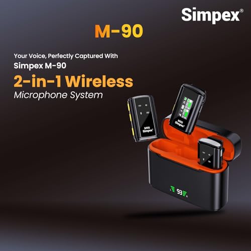 Image of Simpex (M-90 2-in-1 Wireless Microphone with TFT Card Recording & 360 Sound Capture, 100m Range, 2.4 GHz RF, 9Hrs Run Time, Noise Cancellation, Plug & amp; Play, Compatible with Android, iOS, DSLR
