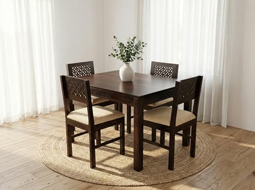 Image of RECTART Solid Wood Dining Table Set with Chairs for Living Room Home | Wooden Dining Room Sets Furniture for Hotels and Restaurants | (CNC-Cream-W, 4 Seater)